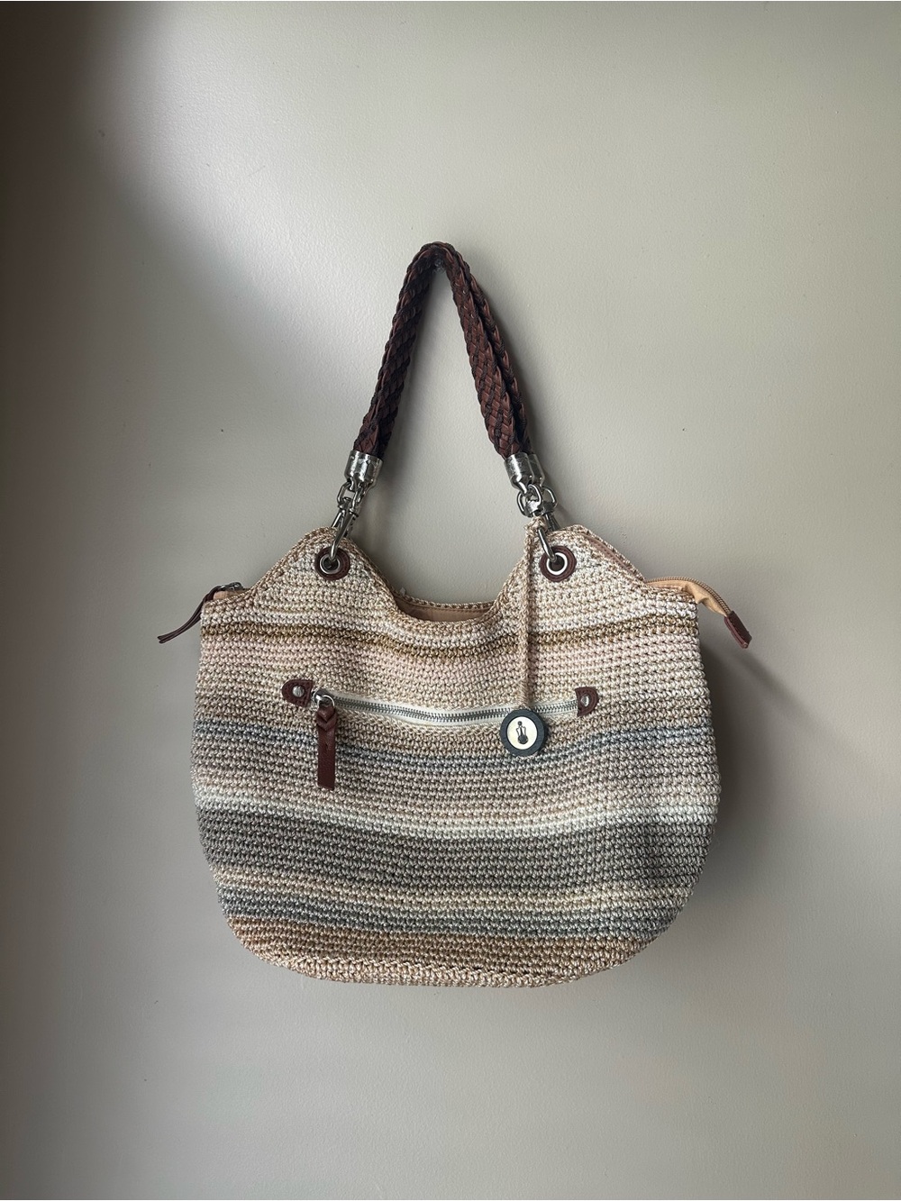 The Sak Crochet Stripe Shoulder Bag in Beige, Brown and Gray